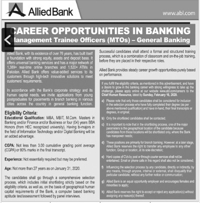 Management Trainee Officer (MTO's)-General Banking