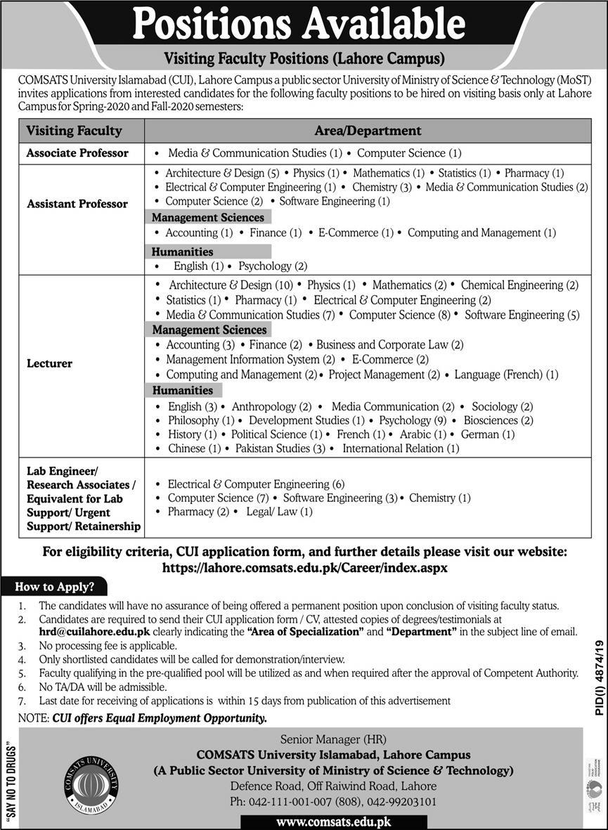 Visiting Faculty Position-Comsats University Islamabad (CUI)-Latest Jobs in Pakistan 2020