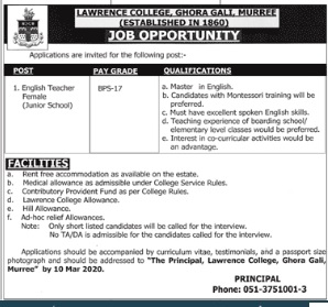 Latest Position-Lawrence College Ghora Gali-Jobs in Pakistan 2020