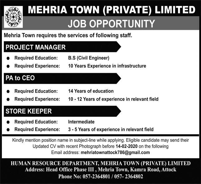 Multiples Position-Mehria Town Private Limited-Latest Jobs in Pakistan 2020