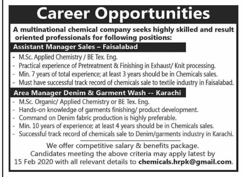 Multiples Position-Multinational Chemical Company-Latest Jobs in Pakistan 2020