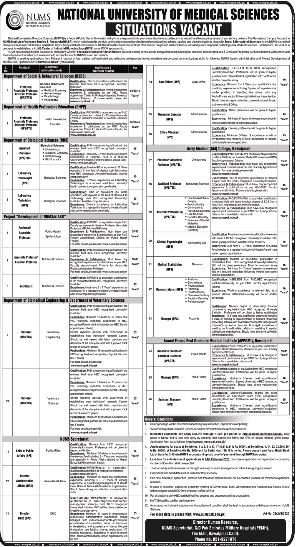 Multiples Position-National University of Medical Sciences-Latest Jobs in Pakistan 2020