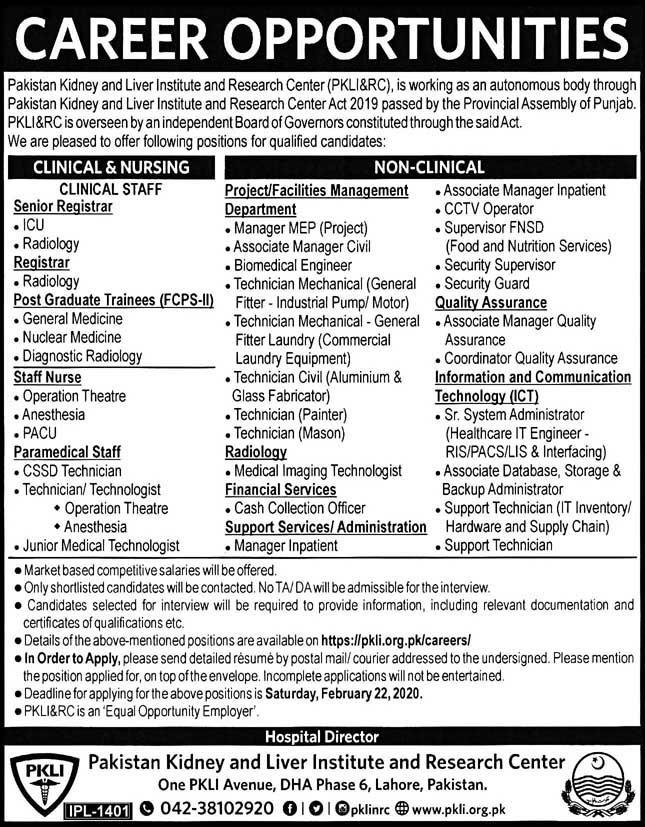 Multiples Position-Pakistan Kidney and Liver Institute and Research Center-Latest Govt Jobs in Pakistan 2020