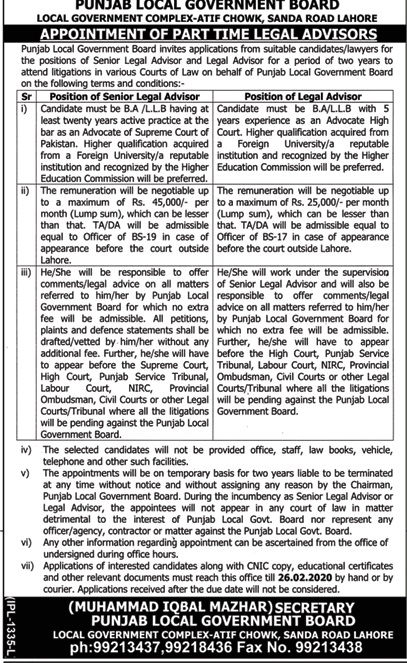 Part Time Legal Advisor-Punjab Local Govt Board-Latest Jobs in Pakistan