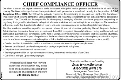 Chief Compliance officer-Latest Jobs in Pakistan