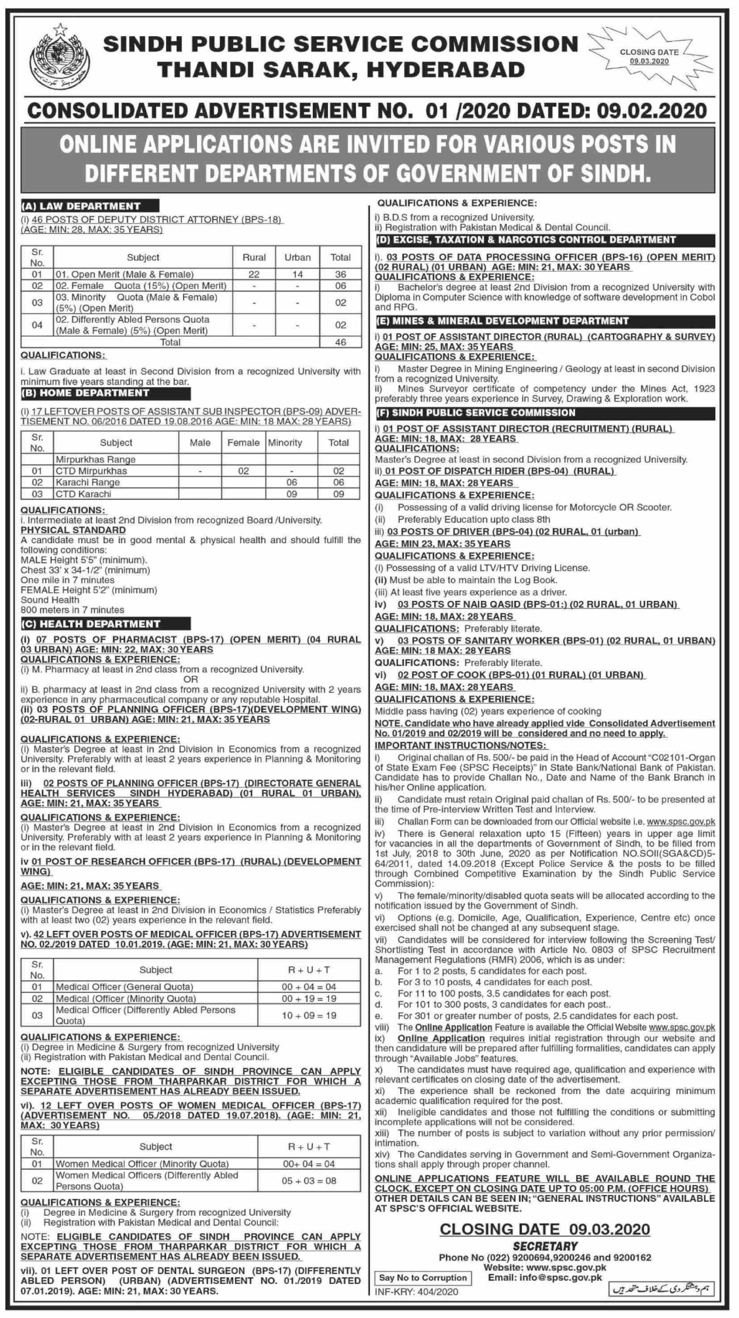 Multiples Position-Sindh Public Service Commission-Latest Jobs in Pakistan 2020