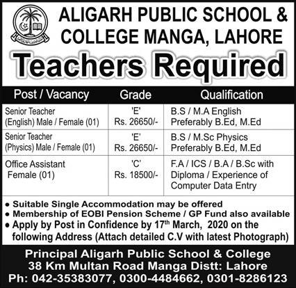 Teaching Faculty | Aligarh Public School And College | Jobs in Pakistan 2020