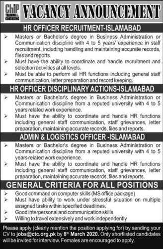 Multiple Positions-Chip Training and Consulting-Latest Jobs in Pakistan 2020.