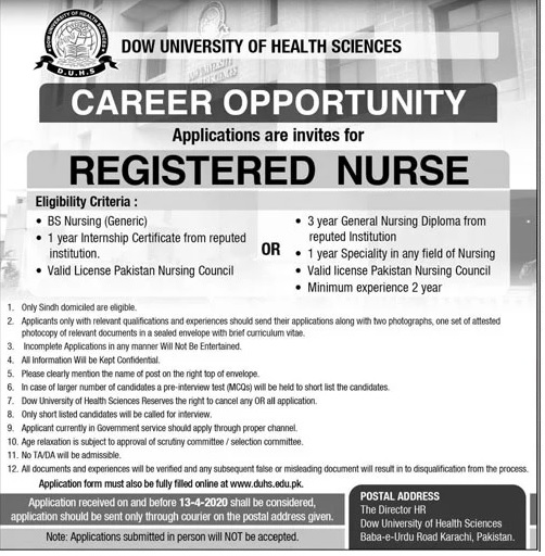 DOW University Of Health Sciences | Jobs in Pakistan 2020