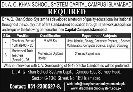 Teaching Faculty-Dr A Q Khan School System Capital Campus Islamabad | Latest Jobs in Pakistan 2020