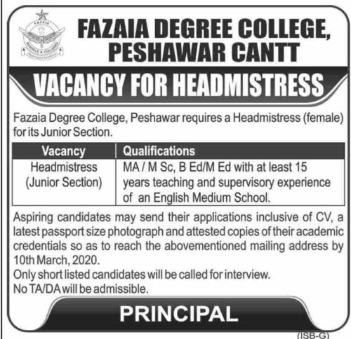 Headmistress-Fazaia Degree College Peshawar Cantt | Latest Jobs in Pakistan 2020