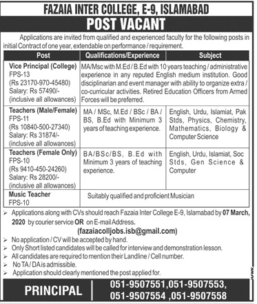 Multiple Positions-Fazaia Inter College Islamabad-Latest Jobs in Pakistan 2020