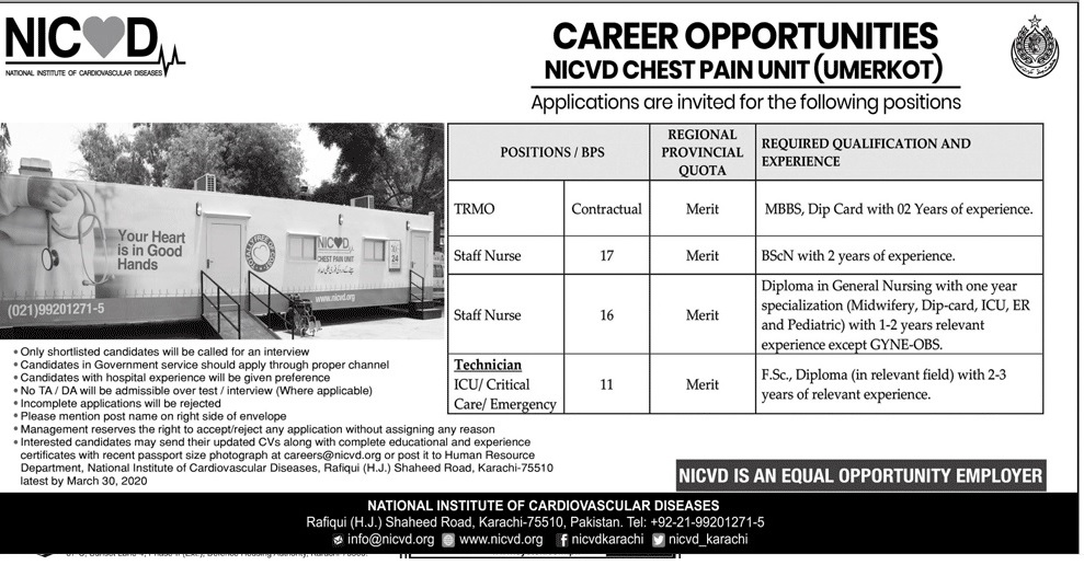 National Institute Of Cardiovascular Diseases | Jobs in Pakistan 2020