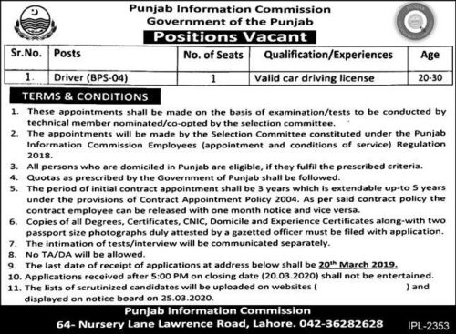 Punjab Information Commission Govt of Punjab | Latest Jobs in Pakistan 2020