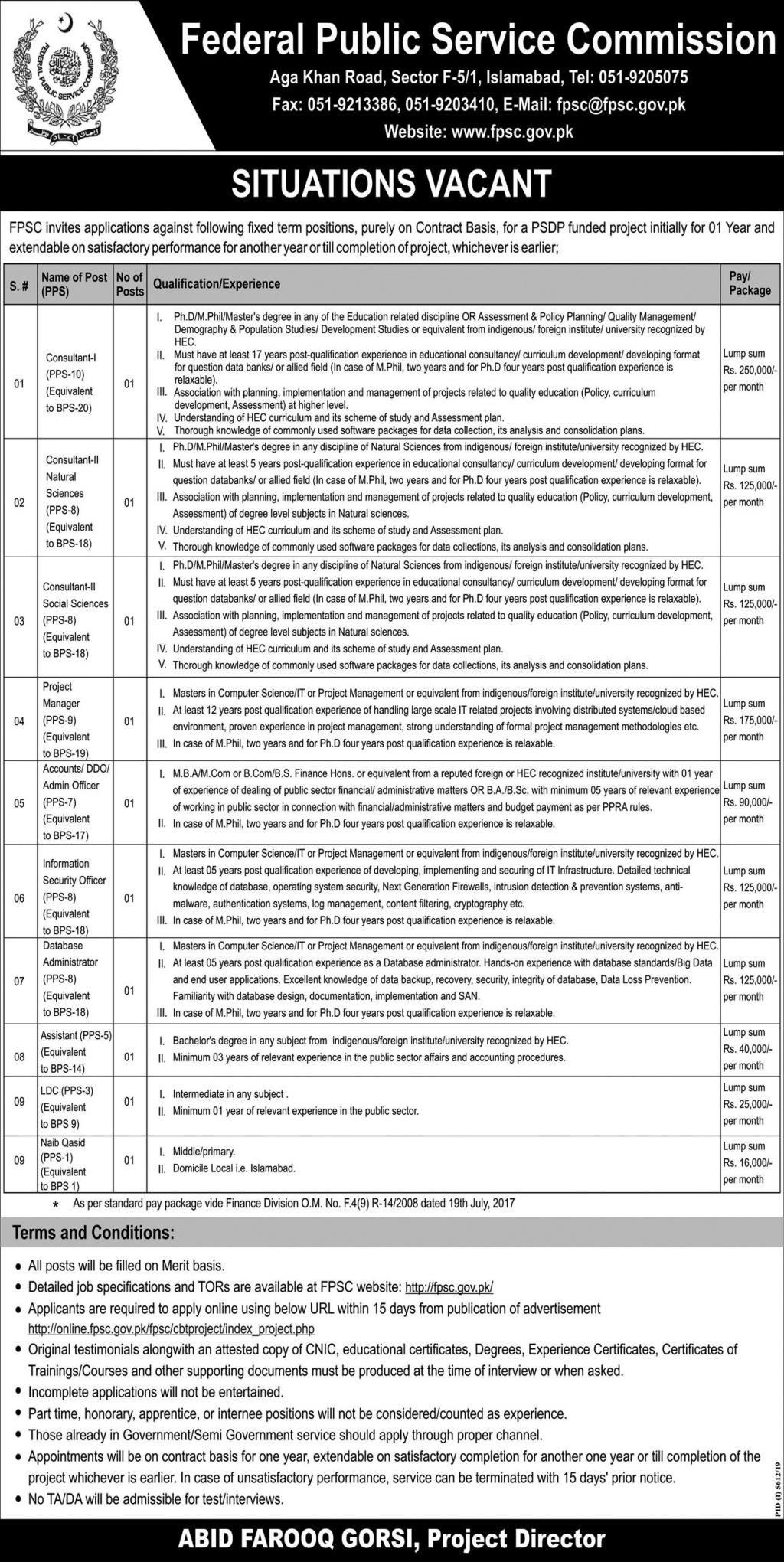 Multiples Position | Federal Public Service Commission | Jobs in Pakistan 2020